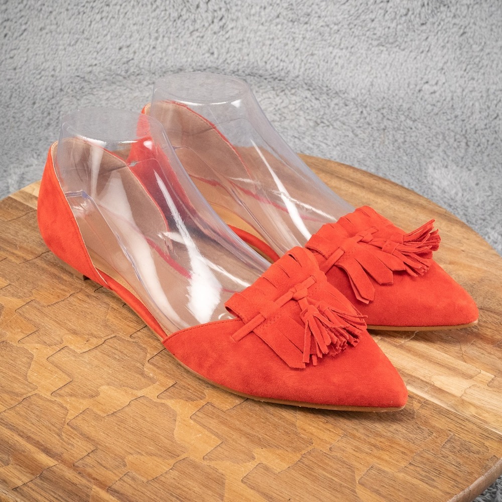 J. Crew D'Orsay Loafers Flats Red Leather‎ Suede Pointy Toe Kiltie Tassel 8.5